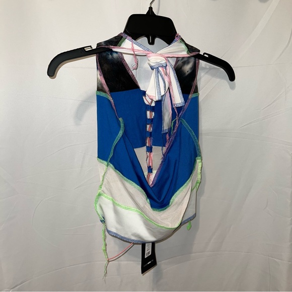 Color It In Colorblock Halter Top - Blue Green Pink Topstitching Distressed - Picture 9 of 16